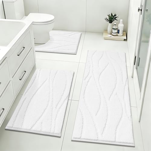 Bsmathom Bathroom Rugs Sets 3 Piece Soft Non Slip Microfiber Bath Mat and U-Shaped Contour Toilet Rug Machine Washable Absorbent Shaggy Bathroom Set White