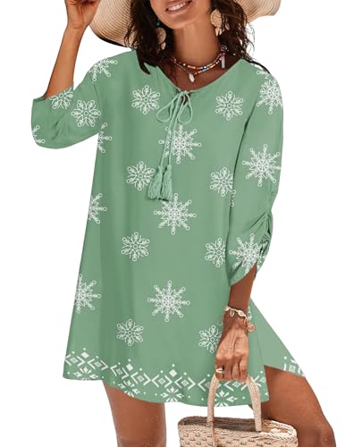 Image of Zeagoo Womens Boho Dresses Casual Beach Summer Dress Tassel Tie Neck 3 /4 Long Sleeve Mini Sundress 2026 Floral Print Cover Up