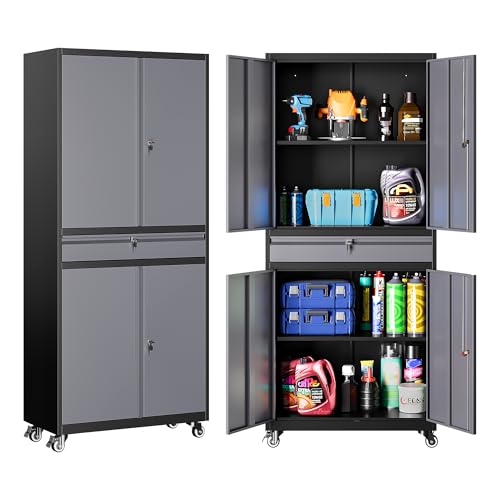 Image of Metal Garage Storage Cabinet with Wheels and Drawer,Gray Rolling Garage Cabinet with Locking Doors and Adjustable Shelves,73 inch Tall Mobile Metal Storage Cabinets on Wheels for Home,Office,Garages,Tool