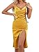 LYANER Women's Satin Drape Cowl Neck Sleeveless Strappy Cami Split Slit Cocktail Party Midi Dress Ginger X-Large