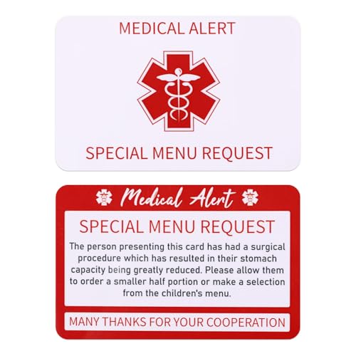 2 tarjetas bariátricas para restaurantes, tarjeta de petición de menú especial de plástico de 8.6 x 5.4 cm, suministros de tarjeta de control de porciones de doble cara para restaurantes, tarjeta de