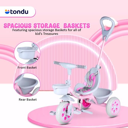 Image of TONDU Kiddo Tricycle for Kids /Baby with Storage Basket | Seat Belt with Parental Control Baby Tricycle (Pink)