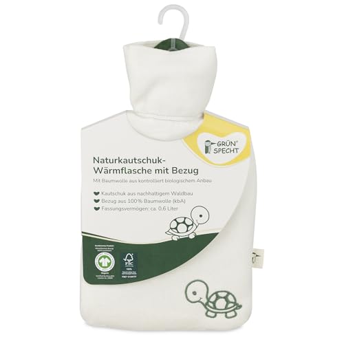 GRÜNSPECHT Naturkautschuk-Wärmflasche mit Bio-Bezug aus 100% GOTS -Baumwolle klein Kautschuk aus nachhaltig zertifiziertem Waldbau geprüfte Qualität nach BS 1970:2012 wachbarer Bezug (644-00)