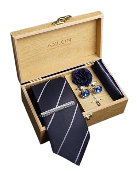 Tie Set for Men - Deep Navy Blue, Striped | Necktie Gift Box with Cufflinks, Pocket Square & Lapel Pin-image-10