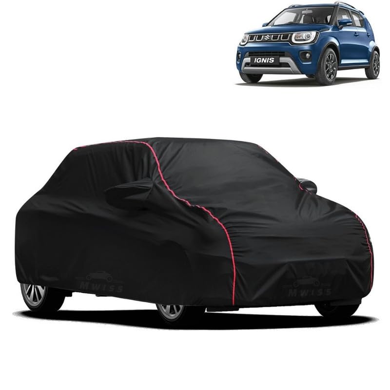 Image of Waterproof Car Cover for Maruti Suzuki IGNIS | All-Weather Protection, Dustproof & UV Resistant | Triple Stitched Mirror Pockets, Windproof Buckle Strap with Elastic Hem, Black-Red Piping