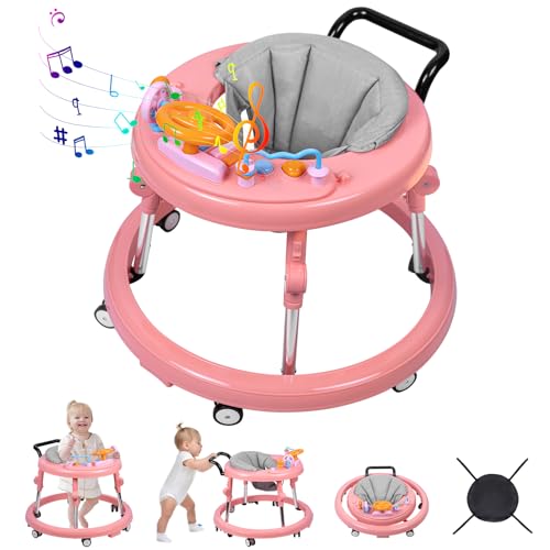 Image of Baby Walker, Foldable 9-Gear Height Adjustable Baby Walker with Wheels, Infant Toddler Walker with Music Disk, Anti-Fall Baby Walkers and Activity Center with Foot Pads for Boys and Girls 6-24 Months