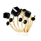 Layered Rhinestone Statement Ring for Women Girls Gold Plated Fashion Round Cube Crystal Adjustable Wide Wrap Finger Spring Rings Shiny Act Deco Xmas Wedding Party Jewelry Gift Size 7-8 (Black CZ)