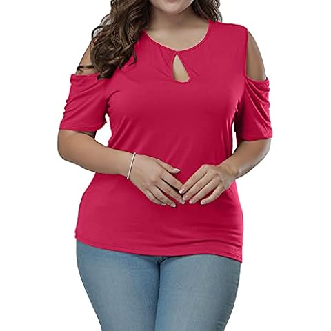 ALLEGRACE Women Plus Size Tops Short Sleeve Summer Keyhole Sexy Casual T Shirts Rose Red 3X Cover