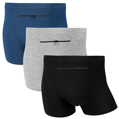 LUEXBOX 3 Packs Men's Underwear with A Secret Front Pocket, Boxer Briefs for Men (Black, Grey, Blue)