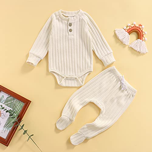 Qiylii 2 Piece Newborn Baby Girls Boys Clothes Sets Infant Solid Color Knit Cotton Romper Tops Pant Footies 0-18M (Beige, 0-3 Months) #TOP1