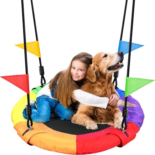 Odoland Saucer Kid Tree Swing - 900D Waterproof Oxford Platform Outdoor Round Flying Saucer Swing for Backyard wirh Adjustable Hanging Ropes for 12 Years Kids Color Multicolour