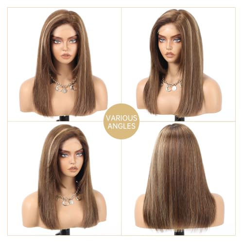 Image of KKU 100% Human Hair Wigs for Women,Real Human Hair Wigs,Side Swept Bangs Lace Front Wig(Brown With Blonde Highlight)