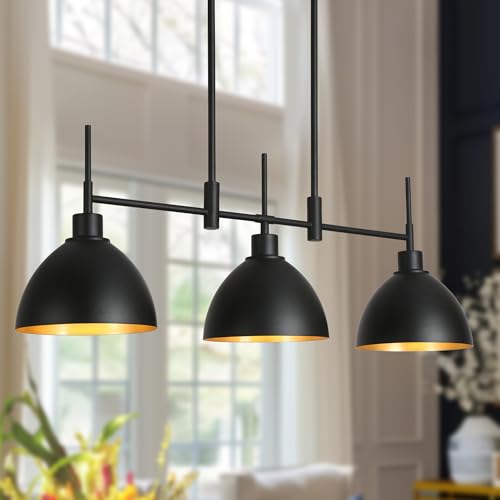 GEPOW Kitchen Island Light, 3 Light Black Gold Linear Chandelier Modern Farmhouse Pendant Ceiling...