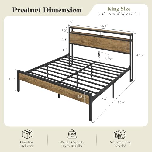 Image of AMERLIFE King Size Bed Frame with Storage Headboard & Charging Station, Industrial Metal Platform Bed with Large Under-Bed Storage, Heavy Duty Slats, No Box Spring Needed, Rustic Brown