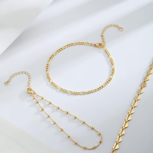Image of Gold Anklets for Women Waterproof 14k Gold Plated Cuban Link Anklets Non Tarnish Rope Herringbone Ankle Chain Summer Beach Jewelry Gifts for Women