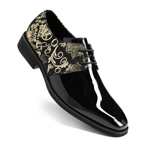 AUSTIN MILL Mens Dress Shoes Classic Patent Velvet Tuxedo Shoe for Men Non Slip Lace up Oxford for Wedding Prom Party Dance Business Black Gold