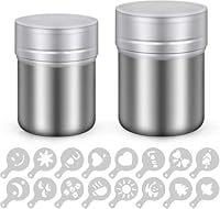 Puderzuckerstreuer-2 Edelstahl Kakaostreuer mit feinem mehlsieb & Deckel-Pulverstreuer zum Backen, Kochen, Zuhause, Restaurant mit 16 Druckformen, Spülmaschinengeeignet