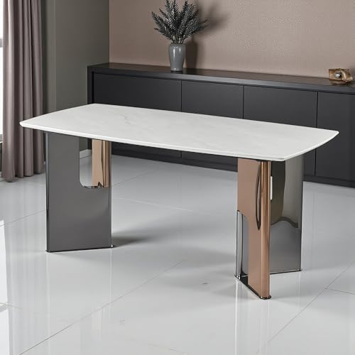 Image of The Attic Celestial Arc Ceramic Dining Table with Sculpted Dual-Tone Pillar Base - Premium Modern Luxury Rectangular, 6 Seater Dining Table