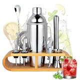 Juego de 12 cocteleras de acero inoxidable de 750 ml, juego de cócteles con soporte de madera, juego de barman todo en uno para casa o bar, regalos para fiestas para hombres y mujeres