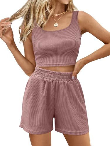 Image of Trendy Queen Two Piece Summer Outfits 2 Piece Sets 2026 Sleeveless Matching Lounge Crop Top High Waisted Short