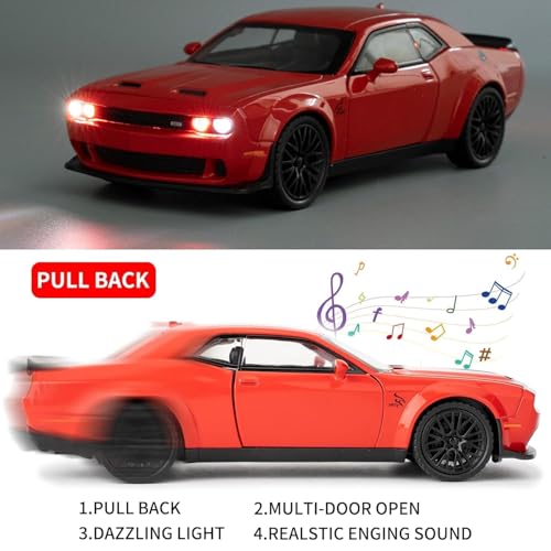 Image of 1:32 Scale Dodge Challenger Hellcat Die-Cast Metal Toy Car with Lights & Sound, Pull Back Action, Openable Doors, Hood & Trunk | Alloy Sports Car Model (1:32 Hellcat Dodge Challenger-Multicolor)