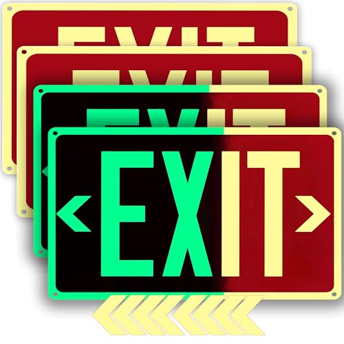4Pack Photoluminescent Exit Sign Red 14x 10 Aluminum Glow In The Dark Exit Signs with Strong Adhesive Backing and 8pcs Removable Directional Arrows Glow In The Dark Easy to install