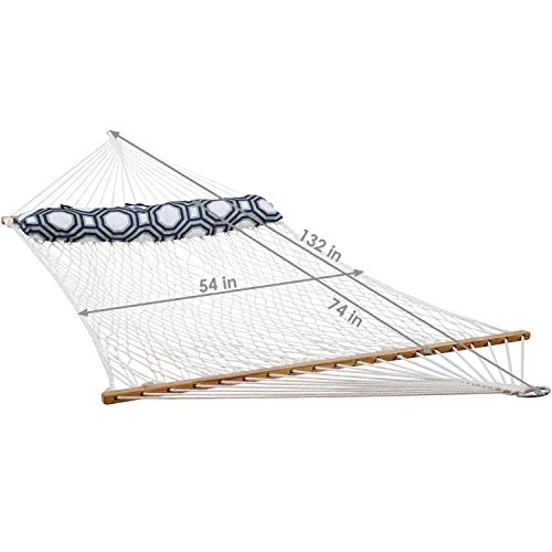 Sunnydaze Polyester Rope Double Hammock With Spreader Bars - 400-Pound Capacity - White With Navy And Gray Octagon Pillow #TOP2