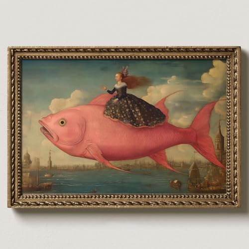 Stampa artistica da parete vittoriana stravagante rinascimentale vintage con stampa di donne francesi pittura vittoriana donna stampa di pesci antichi poster paesaggio francese vintage pesca tela 40,6