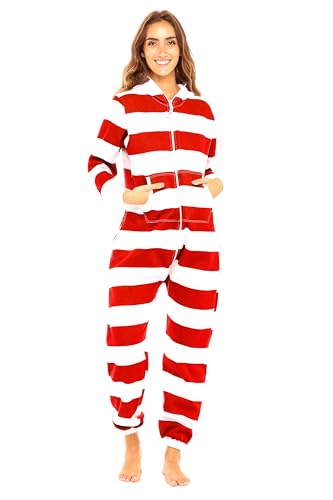 Skylinewears One Piece Pajamas for Women Unisex Hooded Fleece Onesies Adult Jumpsuits Non Footed Pajama Wide Stripes White-Red S