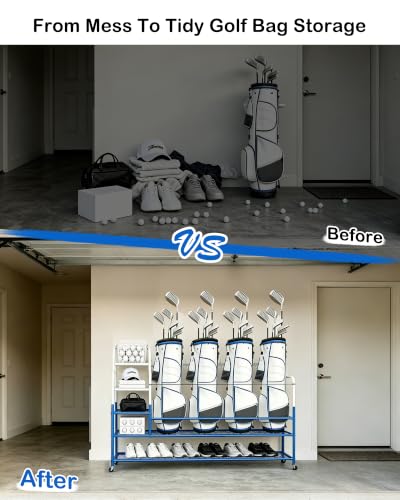 Image of Golf Bag Storage Garage Organizer for 4 Bags, Golf Storage Rack with Wheels | 50% More Space Multi-Zone,All-In-One Compact 5-tier Heavy-Duty Rack,4 360 Casters,Movable Basket,Extra Bottom Storage,Gifts