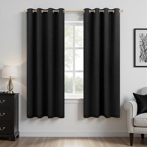 Image of 100% Blackout Linen Textured Curtains for Bedroom Full Light Blocking Room Darkening Bronze Grommet Window Drapes Thermal Insulated Energy Efficient Home Decor 52x63 Black (2 Panels)