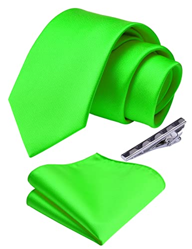 Branduce Lime Green Tie for Wedding Men Business Solid Fashion Necktie Pocket Square and Tie Clip Set (TA01-26)