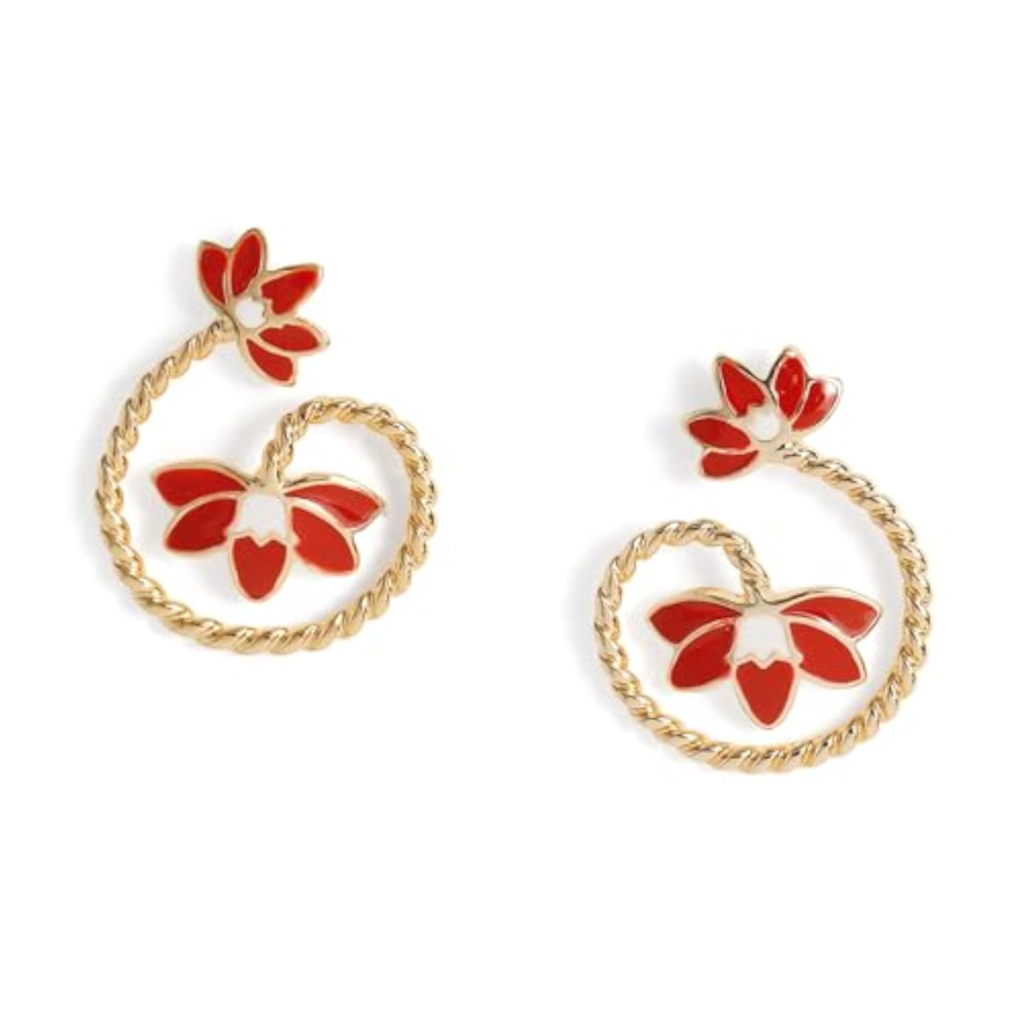 Captivating Gold Finish Red Lotus Spiral Stud Earrings