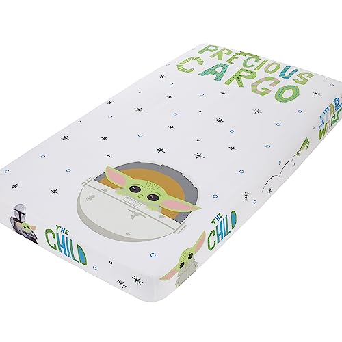 Image of NoJo Star Wars The Mandalorian Grogu, White, Green, and Blue Precious Cargo Photo Op Nursery Fitted Crib Sheet