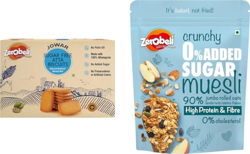 Image of Zerobeli Sugar Free Jowar Atta Biscuit 325g And Crunchy 0% Added Sugar Muesli 425g Combo | Zero Sugar No Maida Healthy High Fiber Digestive Millet Cookies With Sugar Free Cereal | 100% Wholegrain Healthy and Quick Breakfast