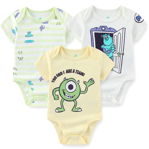 Image of Disney Monsters Inc. Mike Wazowski James P. Sullivan Baby Boys 3 Pack Bodysuit Creeper for Newborn and Infant