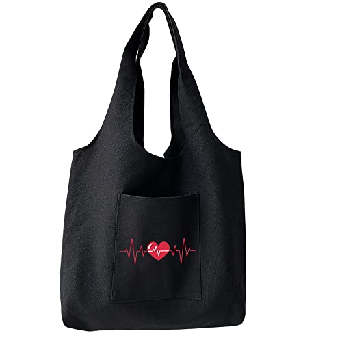 Image of FINDING CASE Reusable Heavy Duty Shopping Medium Tote Bag 100% Cotton Canvas with Strong Matching Handles,Shopping Bags Large Capacity Canvas Tote Bags with Inner Pocket (Heart Beat)