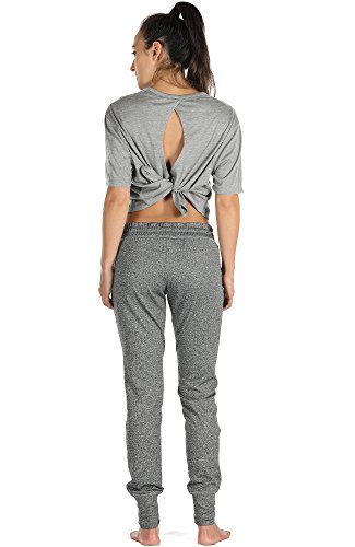 Icyzone Open Back Workout Top Shirts - Yoga T-Shirts Activewear Exercise Crop Tops For Women(Pack Of 2) (S, Grey/Denim) #TOP4