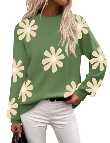 Zeagoo Sweaters for Women Fall Fashion 2025 Trendy Long Sleeve Turtleneck Pullover Lantern Knit Sweater Tops Green-Flower