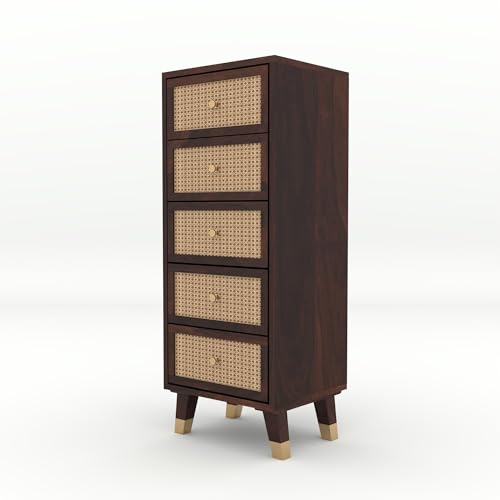 Image of Solid Sheesham Wood 5 Drawer Chest | Rosewood Chest of Drawers with Cane Front | Tall Storage Cabinet for Bedroom & Living Room (Walnut Finish)