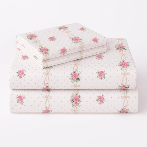 Image of SANMARINO 210TC Cotton King Size Bedsheet with 2 Pillow Covers | Premium Floral Print Design Flatsheet |Ultra Soft Breathable Skin Friendly Bedding Set for All Season Use 90 x 100 Inch,Rose Pink