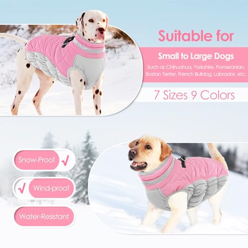 AOFITEE Wintermantel für große Hunde, Wasserdicht Hundemantel Hundejacke Mittelgroße Hund mit Geschirr, Winddichter Winter Hunde Jacket mit Reißverschluss, Warme Outdoor Hundebekleidung, L Rosa