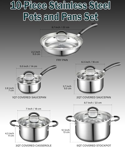Cook N Home Stainless Steel Cookware Sets 10-Piece, Pots and Pans Kitchen Cooking Set with Stay-Cool Handles, Dishwasher Safe, Silver - Image 3