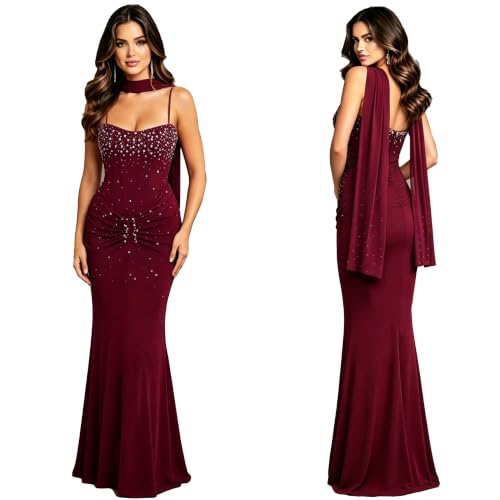 Image of PORRCEY Women's Sexy Rhinestone Lace Sheer Mesh Formal Evening Dress