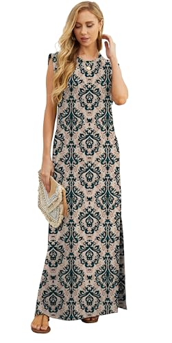 Image of GRECERELLE 2026 Women Year-Round Casual Round Neck Loose Split Wrinkle-Free Long Maxi Vacation Dress with Pockets (XXS-4XL)