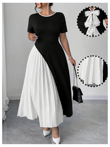 GORGLITTER Women's Plus Size Bow Pleated Maxi Dress Color Block Short Sleeve Summer Prom Formal Cocktail Long Dresses3
