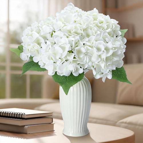 Qunwreath 6PCS White Silk Hydrangea Artificial Flowers with Vase, Fake Hydrangea Flowers in Vase for Bedroom Decor Home Table Decor DIY Floral Decoration-14.25 Inch