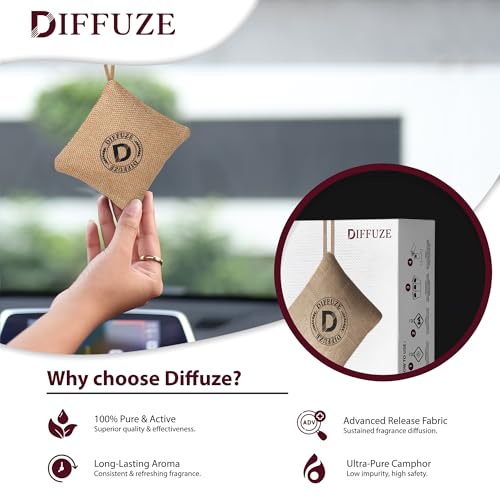 Image of DIFFUZE Camphor Bag Pro | 4-in-1 Air Freshener & Purifier for Car, Closet, Bathroom | Camphor infused with Herbs, Lavender & Sandalwood + Activated Charcoal | Luxury perfume for car and home (Beige)