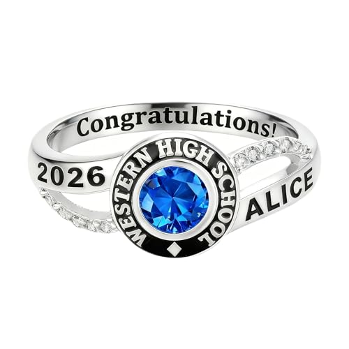 Cargari White Gold December Class Ring for Women Custom Engraving Available High School Rings Class of 2026 for Women Sterling Silver Personalized Graduation Jewelry for Her