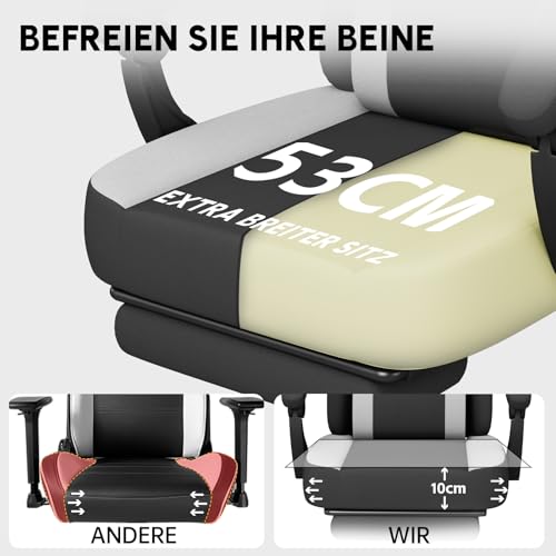 HapGIFT Silla Gaming Ergonómica Reclinable con Masajeador, Silla de Juegos con Reposacabezas y Reposapiés, Asiento Gaming Altura Ajustable, para Adultos, 150 kg, (Gris) - imagen 5